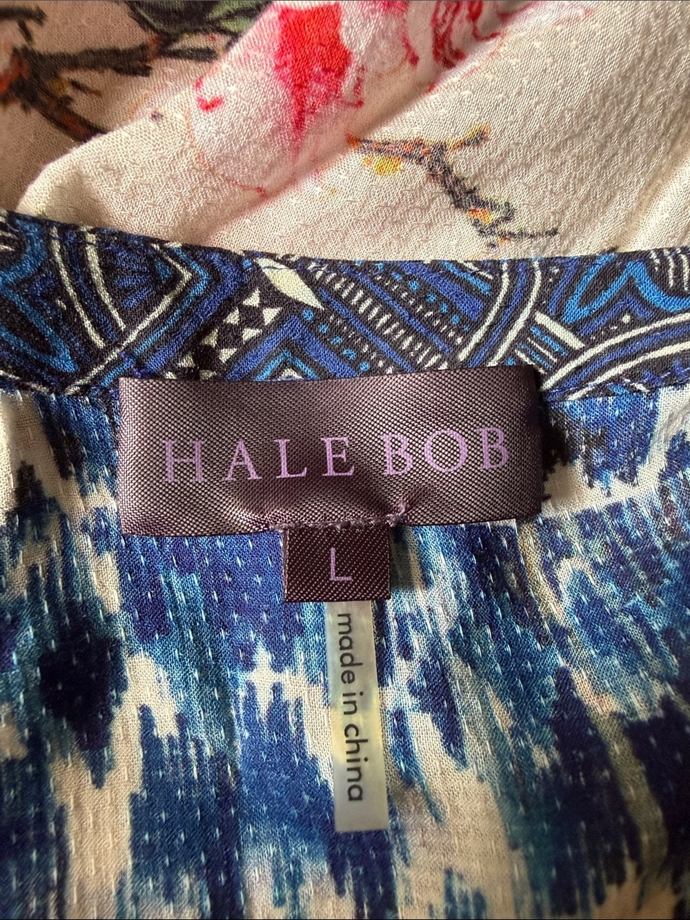 Hale Bob Boho Bird Floral Print Tunic Blouse Size L Blue Cream - Picture 6 of 7